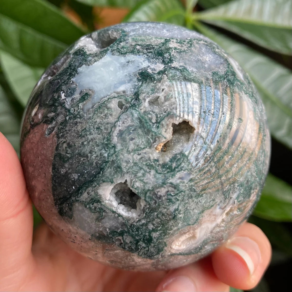 Moss Agate Sphere w/ Druzy | 15.2 oz | 2.7 in | Crystal Sphere | Quartz Inclusions | Crystal Rainbows