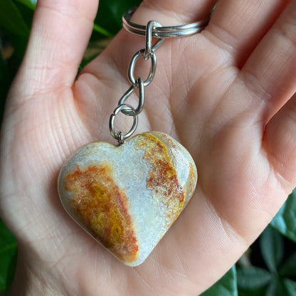 Green Onyx Heart Keychain | Banded Calcite | Crystal Keychain | Crystal Carving