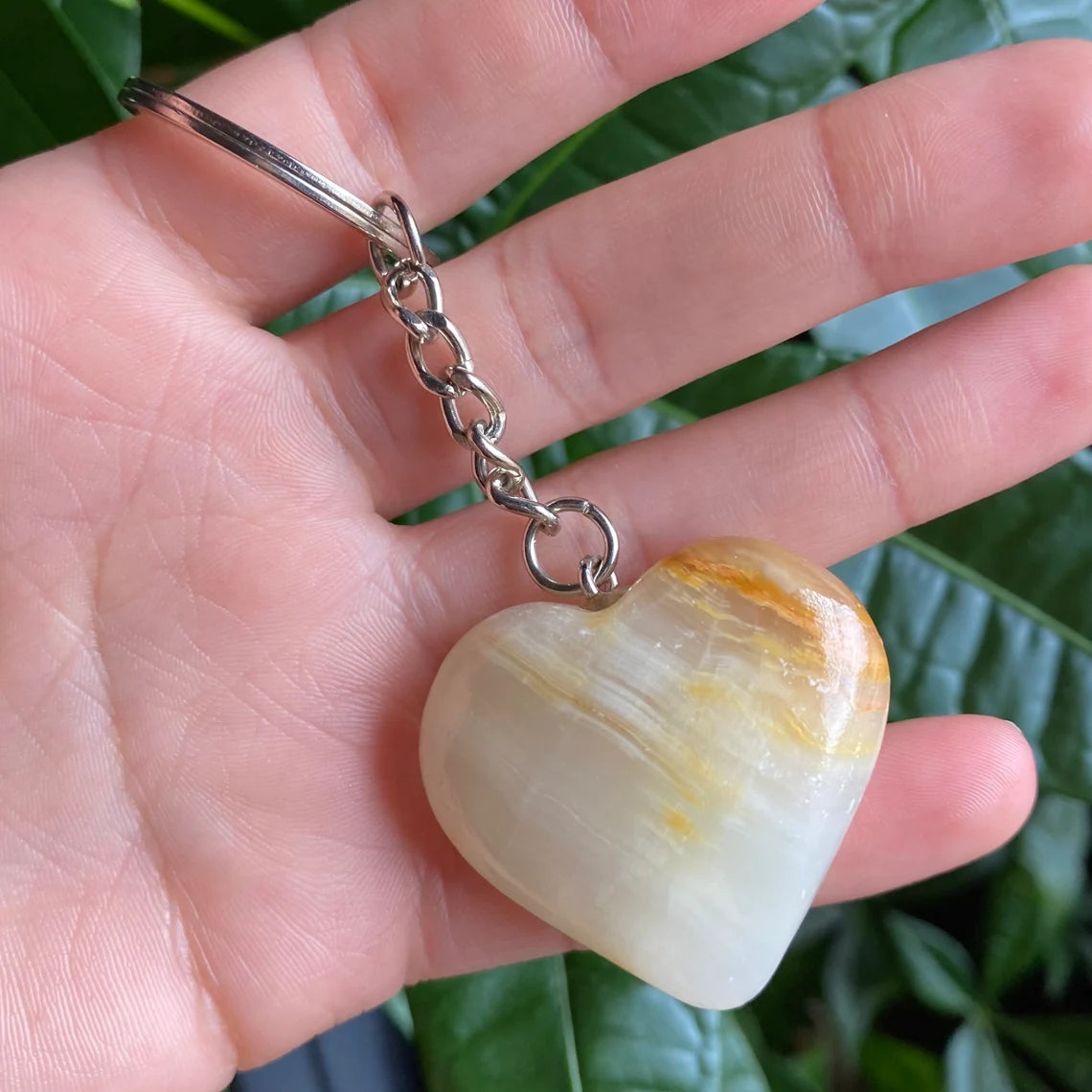 Green Onyx Heart Keychain | Banded Calcite | Crystal Keychain | Crystal Carving