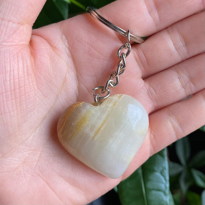 Green Onyx Heart Keychain | Banded Calcite | Crystal Keychain | Crystal Carving