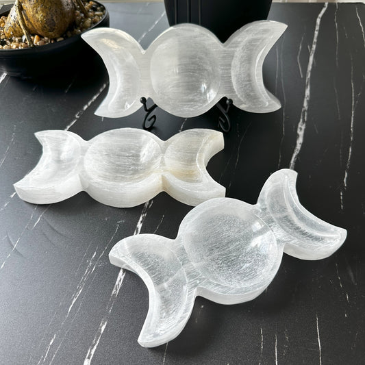 Selenite Triple Moon Bowl | Selenite Bowl | Energy Cleaning