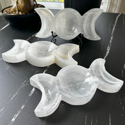 Selenite Triple Moon Bowl | Selenite Bowl | Energy Cleaning