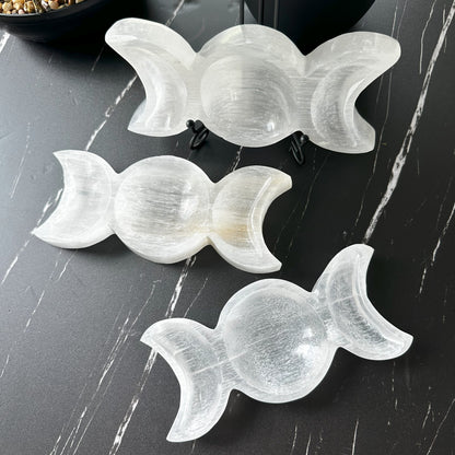 Selenite Triple Moon Bowl | Selenite Bowl | Energy Cleaning