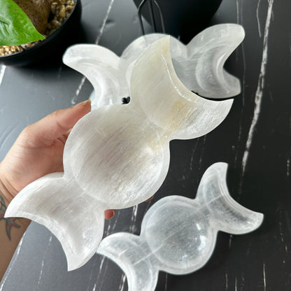 Selenite Triple Moon Bowl | Selenite Bowl | Energy Cleaning