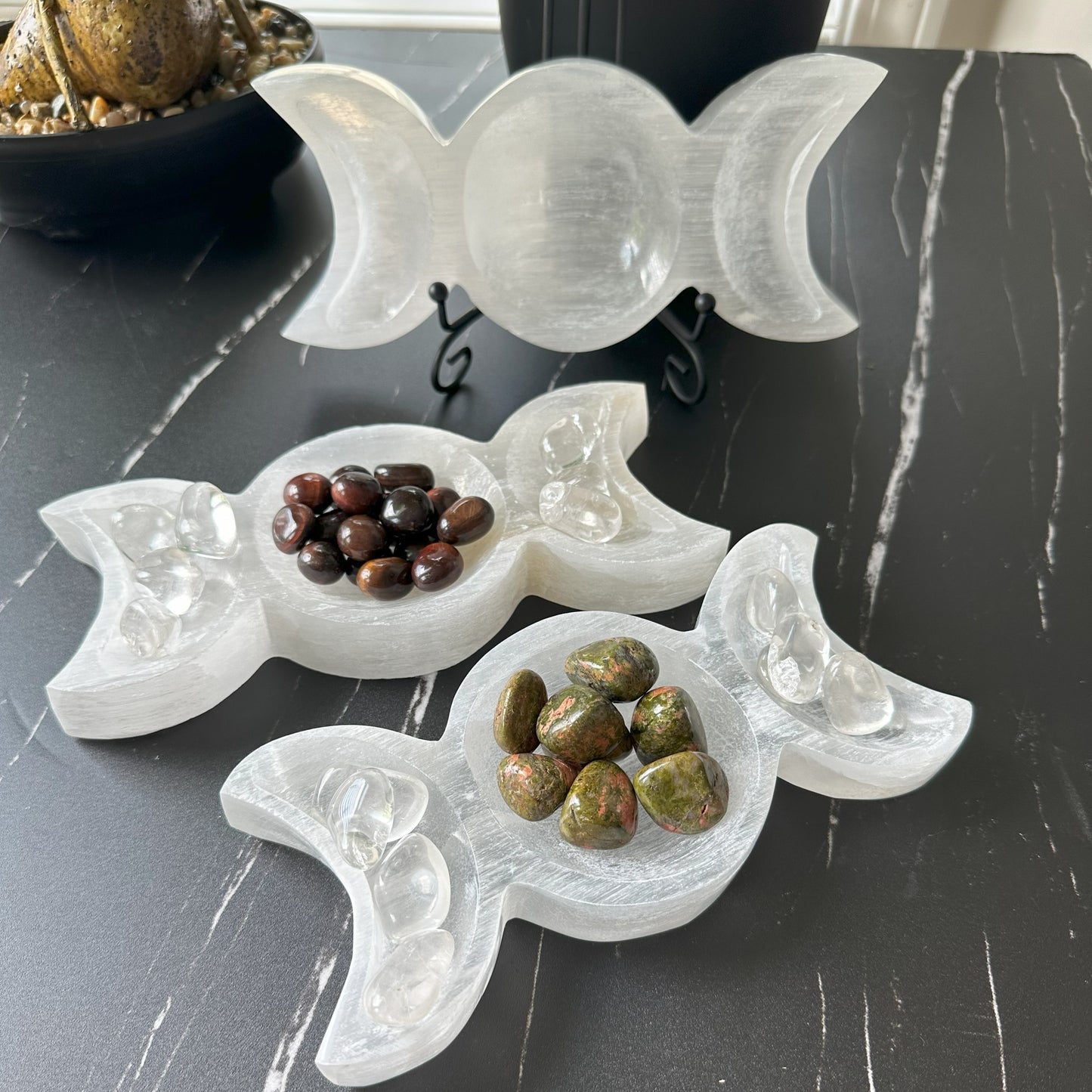 Selenite Triple Moon Bowl | Selenite Bowl | Energy Cleaning