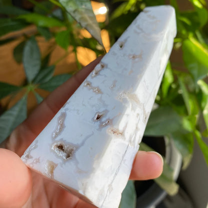 Snow White Druzy Agate Obelisk Tower Crystal, Emotional Balance, Stress Relief, Intuition, Love, Heart Chakra, Crown Chakra