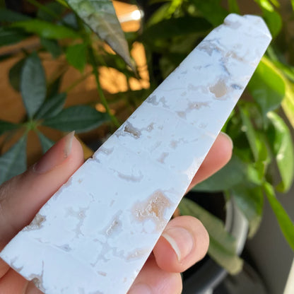 Snow White Druzy Agate Obelisk Tower Crystal, Emotional Balance, Stress Relief, Intuition, Love, Heart Chakra, Crown Chakra