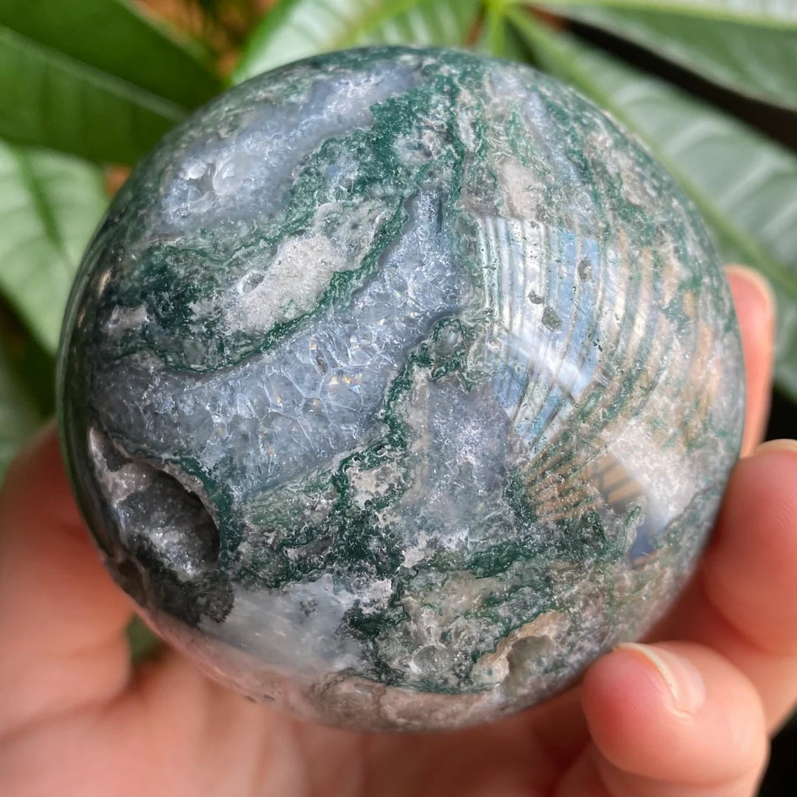 Moss Agate Sphere w/ Druzy | 15.2 oz | 2.7 in | Crystal Sphere | Quartz Inclusions | Crystal Rainbows