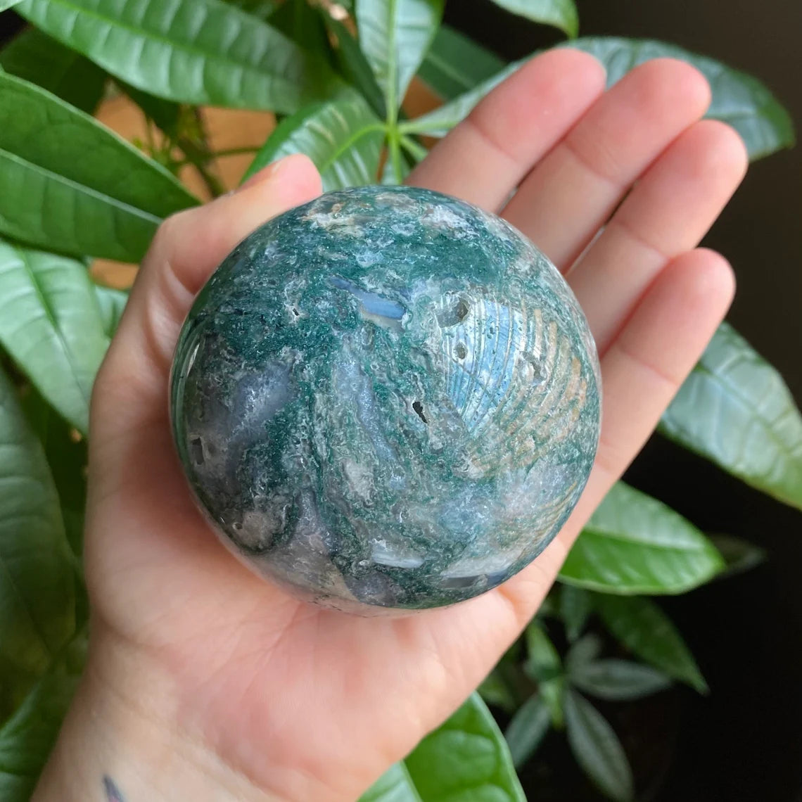 Moss Agate Sphere w/ Druzy | 15.2 oz | 2.7 in | Crystal Sphere | Quartz Inclusions | Crystal Rainbows