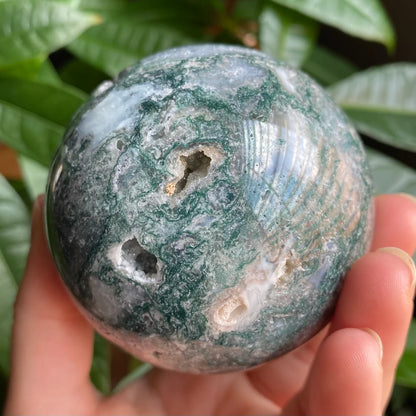Moss Agate Sphere w/ Druzy | 15.2 oz | 2.7 in | Crystal Sphere | Quartz Inclusions | Crystal Rainbows