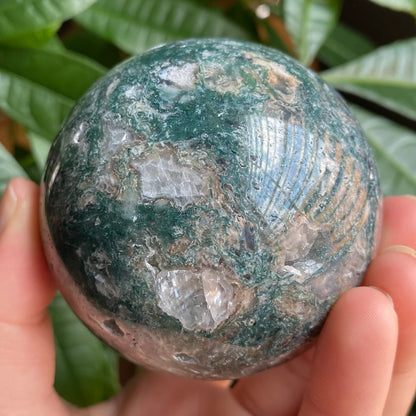 Moss Agate Sphere w/ Druzy | 15.2 oz | 2.7 in | Crystal Sphere | Quartz Inclusions | Crystal Rainbows