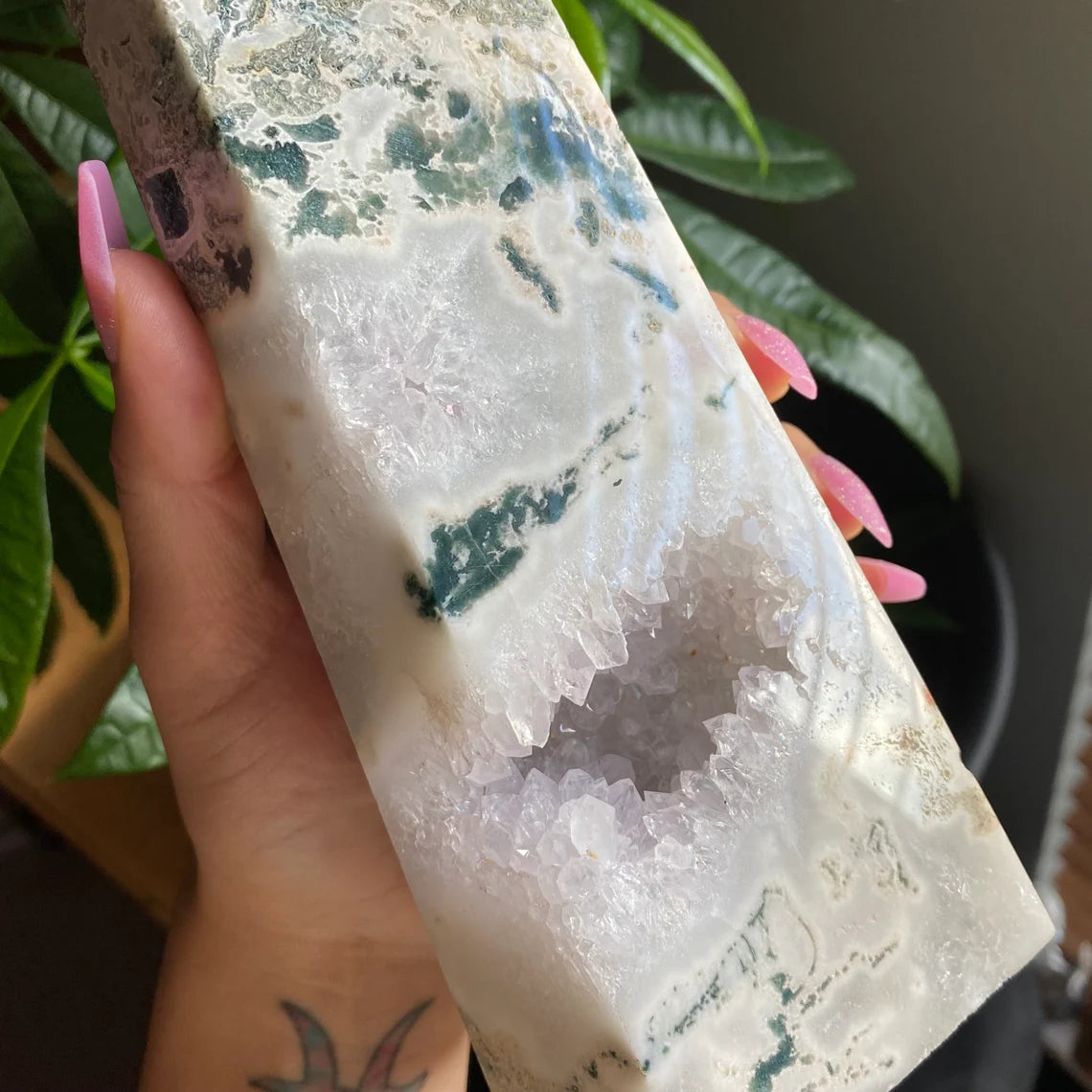 HUGE Moss Agate Tower w/ Druzy | 4 lb 6.7 oz | 10" tall | Crystal Tower | Huge Crystal Tower | Druzy Agate Tower | Crystal Druzy Points