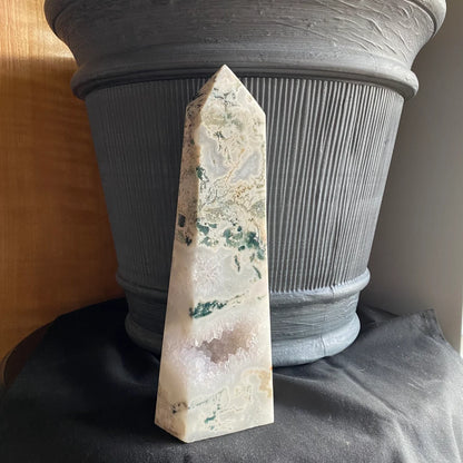 HUGE Moss Agate Tower w/ Druzy | 4 lb 6.7 oz | 10" tall | Crystal Tower | Huge Crystal Tower | Druzy Agate Tower | Crystal Druzy Points