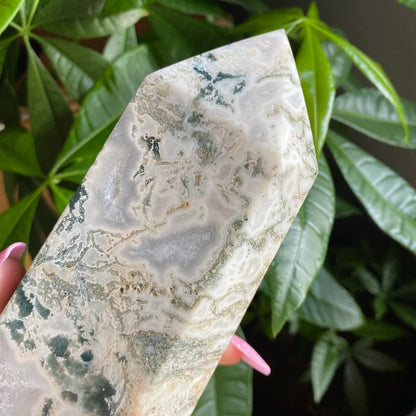 HUGE Moss Agate Tower w/ Druzy | 4 lb 6.7 oz | 10" tall | Crystal Tower | Huge Crystal Tower | Druzy Agate Tower | Crystal Druzy Points