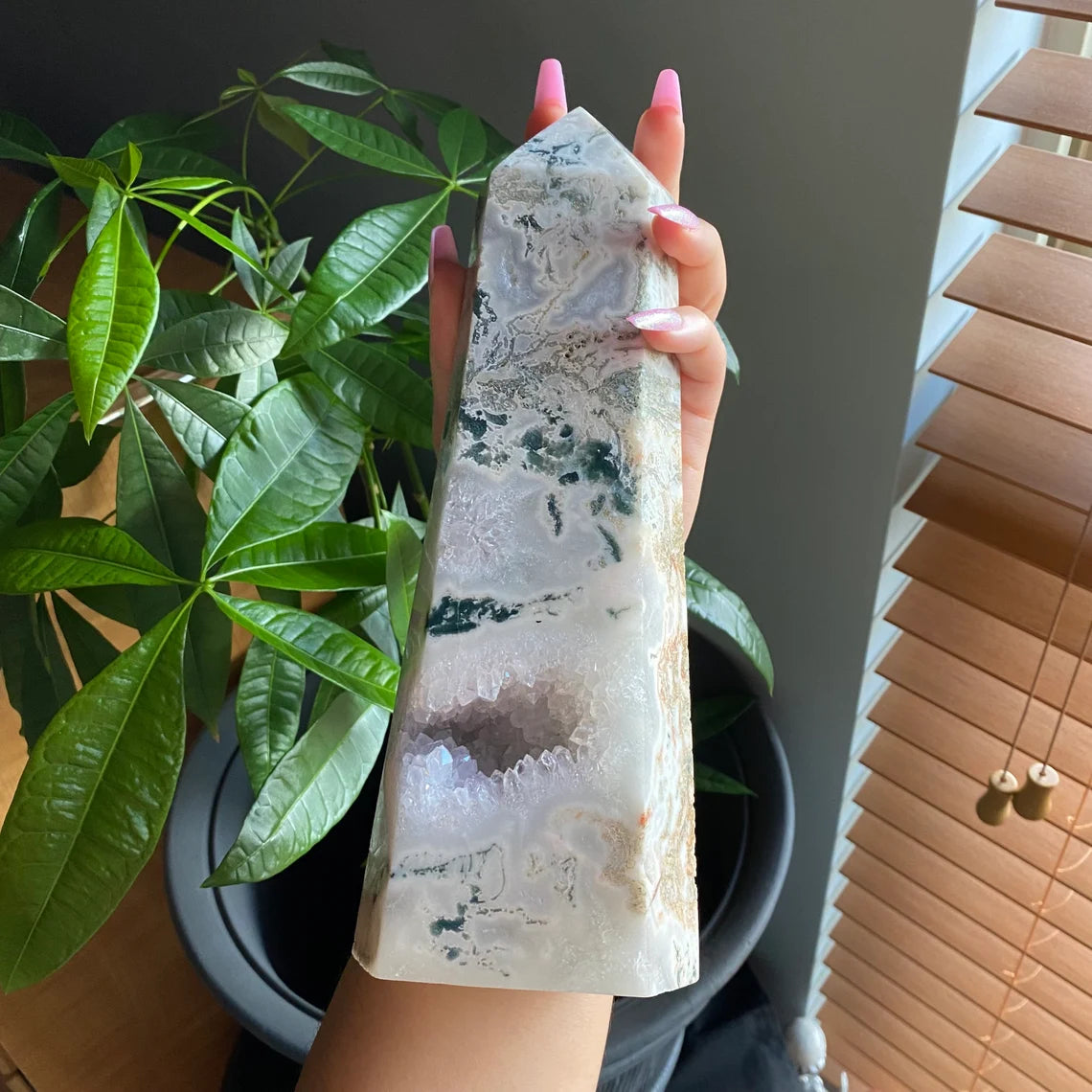 HUGE Moss Agate Tower w/ Druzy | 4 lb 6.7 oz | 10" tall | Crystal Tower | Huge Crystal Tower | Druzy Agate Tower | Crystal Druzy Points