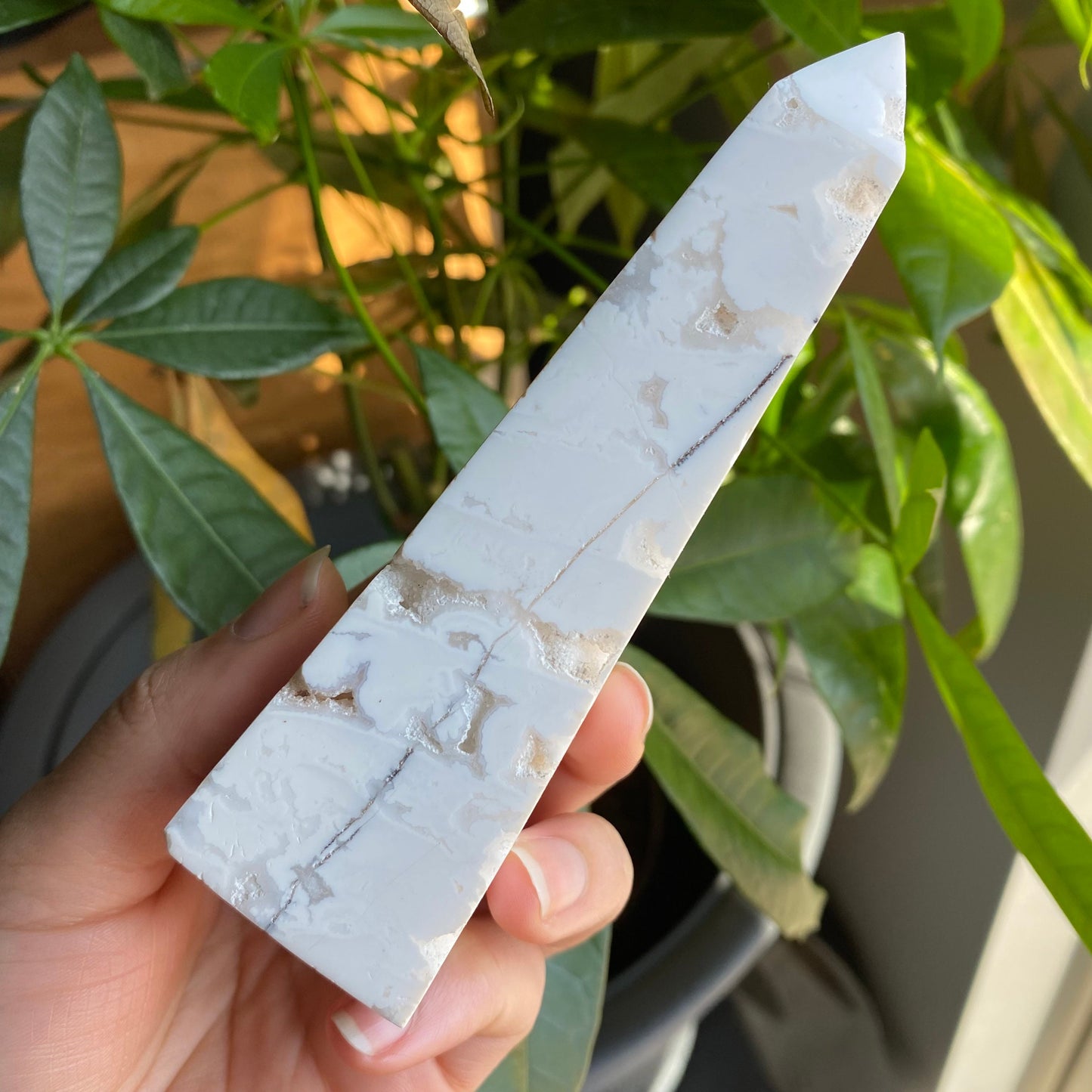 Snow White Druzy Agate Obelisk Tower Crystal, Emotional Balance, Stress Relief, Intuition, Love, Heart Chakra, Crown Chakra
