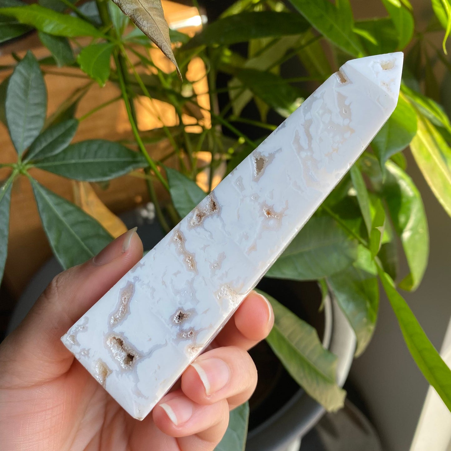 Snow White Druzy Agate Obelisk Tower Crystal, Emotional Balance, Stress Relief, Intuition, Love, Heart Chakra, Crown Chakra