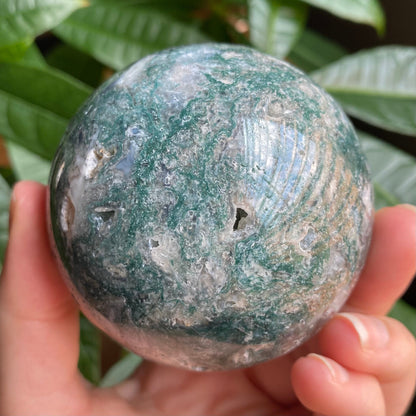 Moss Agate Sphere w/ Druzy | 15.2 oz | 2.7 in | Crystal Sphere | Quartz Inclusions | Crystal Rainbows