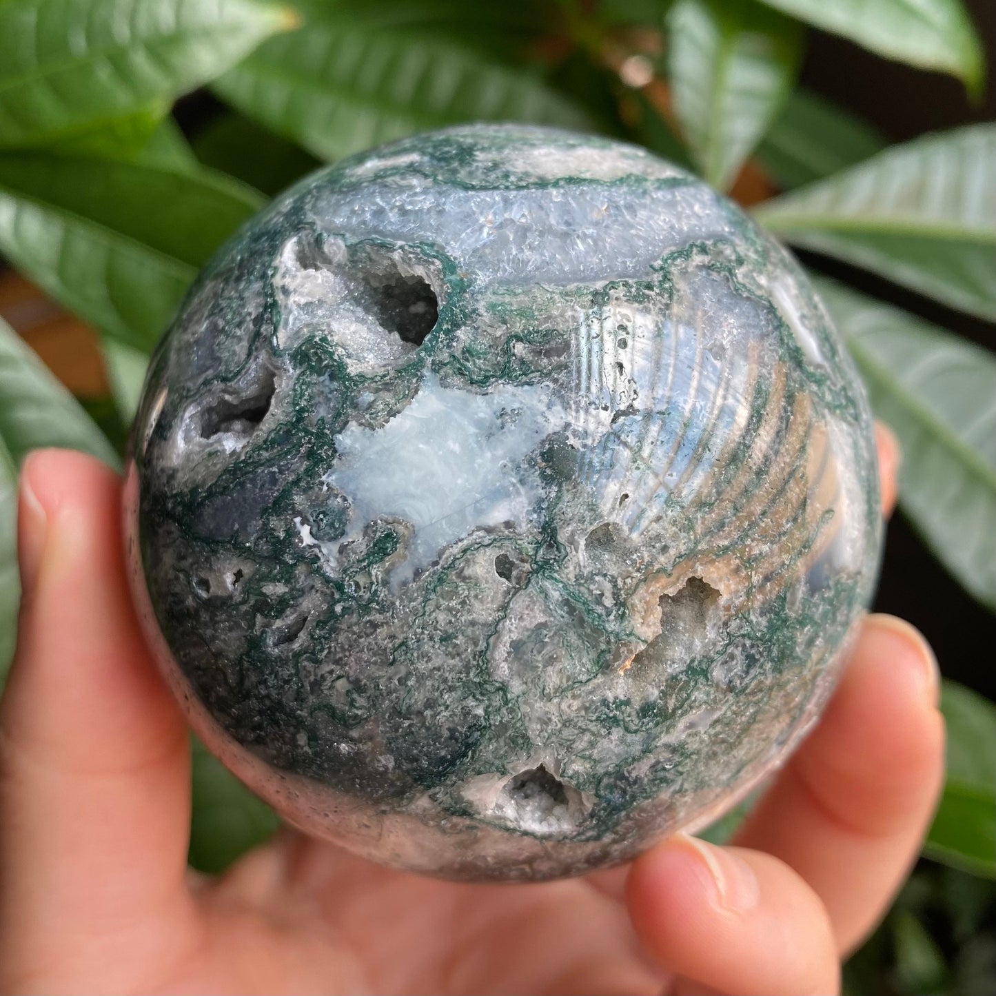 Moss Agate Sphere w/ Druzy | 15.2 oz | 2.7 in | Crystal Sphere | Quartz Inclusions | Crystal Rainbows