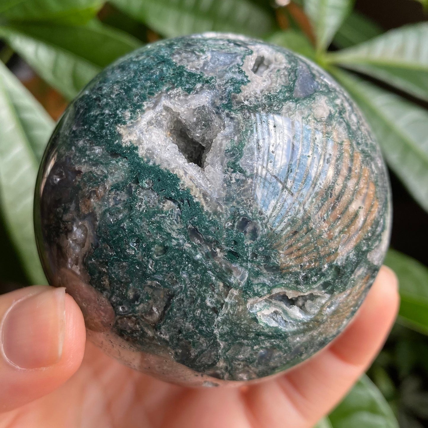 Moss Agate Sphere w/ Druzy | 15.2 oz | 2.7 in | Crystal Sphere | Quartz Inclusions | Crystal Rainbows