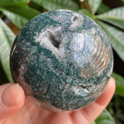 Moss Agate Sphere w/ Druzy | 15.2 oz | 2.7 in | Crystal Sphere | Quartz Inclusions | Crystal Rainbows