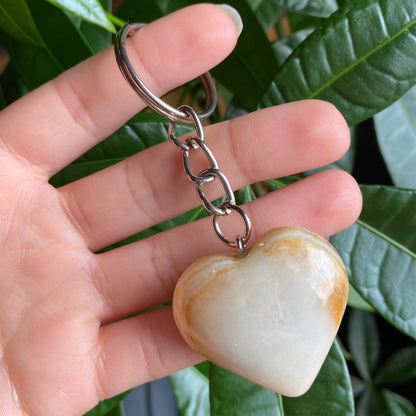 Green Onyx Heart Keychain | Banded Calcite | Crystal Keychain | Crystal Carving