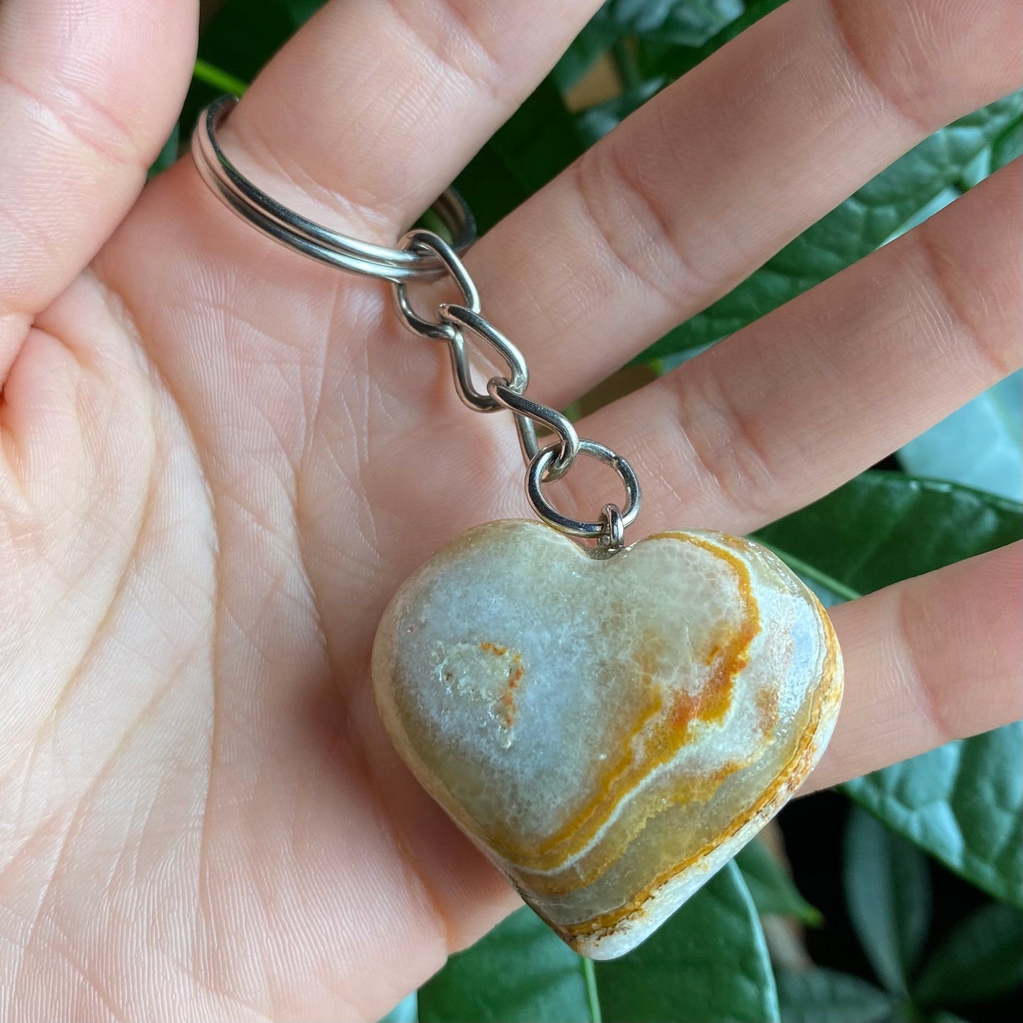 Green Onyx Heart Keychain | Banded Calcite | Crystal Keychain | Crystal Carving