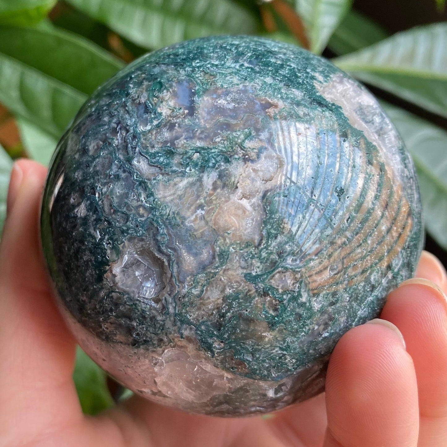 Moss Agate Sphere w/ Druzy | 15.2 oz | 2.7 in | Crystal Sphere | Quartz Inclusions | Crystal Rainbows