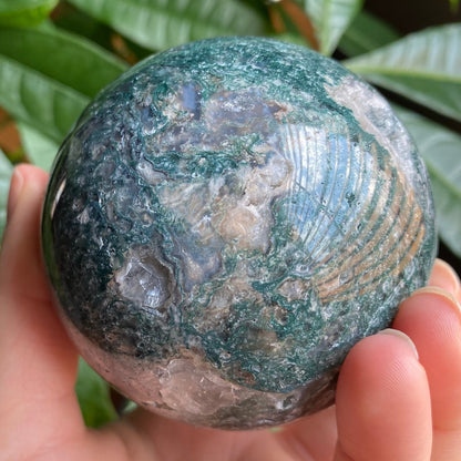 Moss Agate Sphere w/ Druzy | 15.2 oz | 2.7 in | Crystal Sphere | Quartz Inclusions | Crystal Rainbows