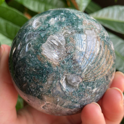 Moss Agate Sphere w/ Druzy | 15.2 oz | 2.7 in | Crystal Sphere | Quartz Inclusions | Crystal Rainbows