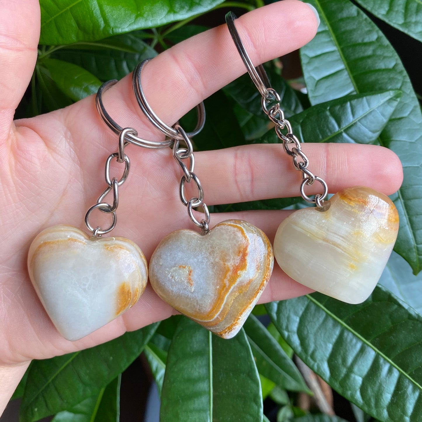 Green Onyx Heart Keychain | Banded Calcite | Crystal Keychain | Crystal Carving