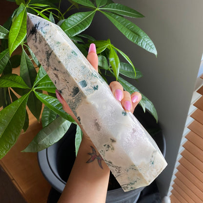 HUGE Moss Agate Tower w/ Druzy | 4 lb 6.7 oz | 10" tall | Crystal Tower | Huge Crystal Tower | Druzy Agate Tower | Crystal Druzy Points