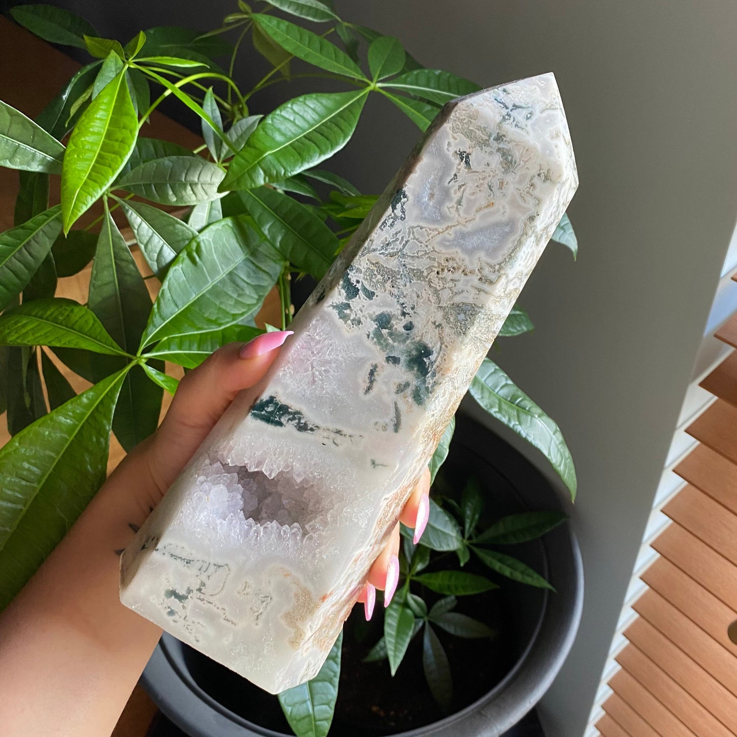 HUGE Moss Agate Tower w/ Druzy | 4 lb 6.7 oz | 10" tall | Crystal Tower | Huge Crystal Tower | Druzy Agate Tower | Crystal Druzy Points