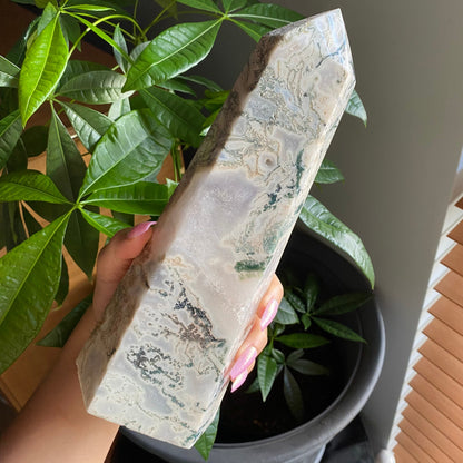 HUGE Moss Agate Tower w/ Druzy | 4 lb 6.7 oz | 10" tall | Crystal Tower | Huge Crystal Tower | Druzy Agate Tower | Crystal Druzy Points