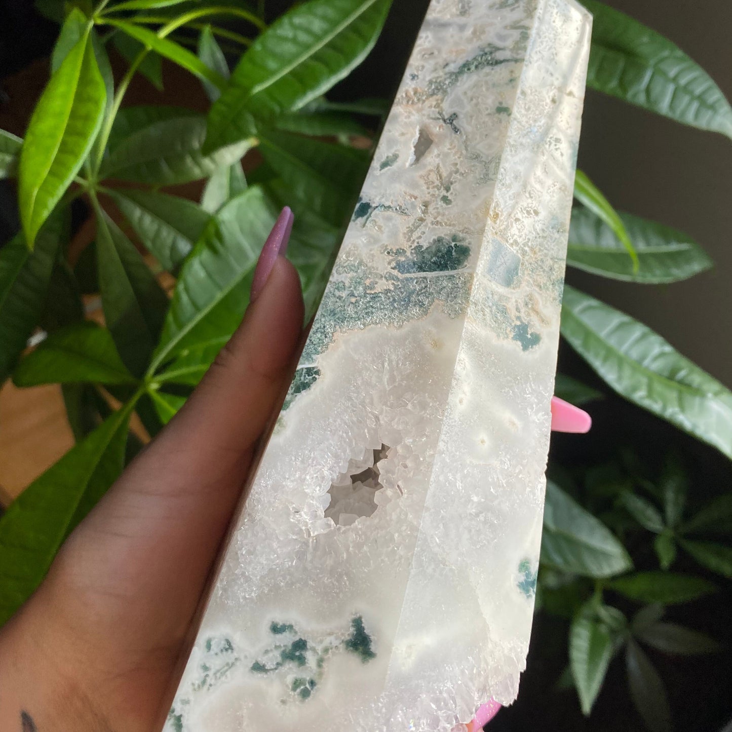 HUGE Moss Agate Tower w/ Druzy | 4 lb 6.7 oz | 10" tall | Crystal Tower | Huge Crystal Tower | Druzy Agate Tower | Crystal Druzy Points