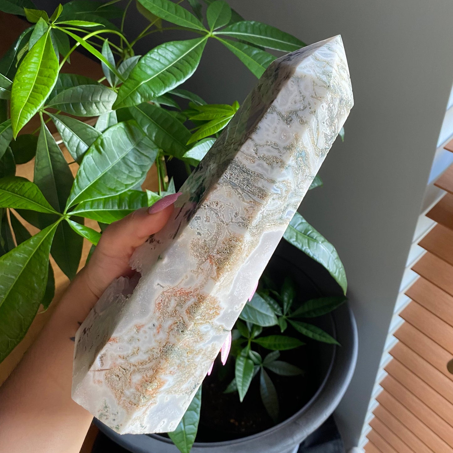 HUGE Moss Agate Tower w/ Druzy | 4 lb 6.7 oz | 10" tall | Crystal Tower | Huge Crystal Tower | Druzy Agate Tower | Crystal Druzy Points