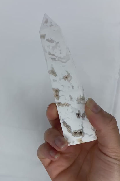 Snow White Druzy Agate Obelisk Tower Crystal, Emotional Balance, Stress Relief, Intuition, Love, Heart Chakra, Crown Chakra
