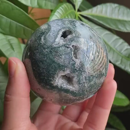 Moss Agate Sphere w/ Druzy | 15.2 oz | 2.7 in | Crystal Sphere | Quartz Inclusions | Crystal Rainbows